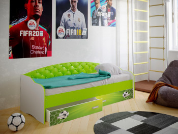 Кровать Софа-8 с мягкой спинкой фотопечать Футбол (900х2000) Белый/Лайм в Жуланке - zhulanka.mebel54.com | фото